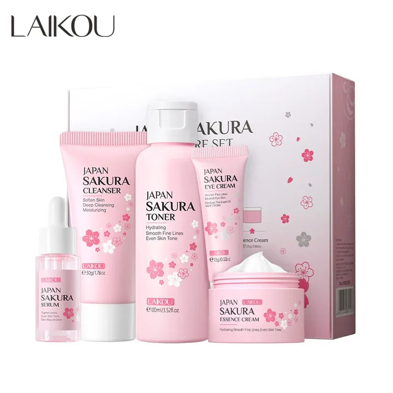 LAIKOU Sakura Kit Skin Care Sets Moisturizing and Reducing Fine Lines Cleansing Pore Product 5-Piece Korean Skincare Set